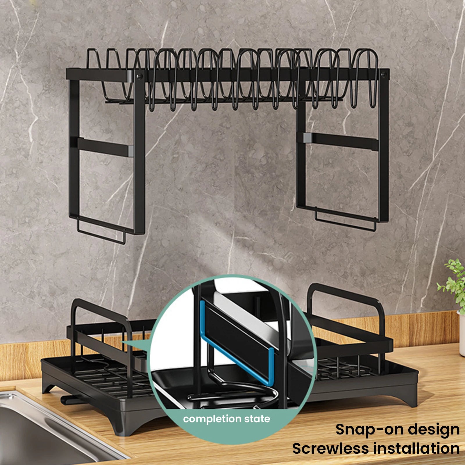 2-Tier Dish Drying Rack with Self-Draining System – Carbon Steel Kitchen Organizer