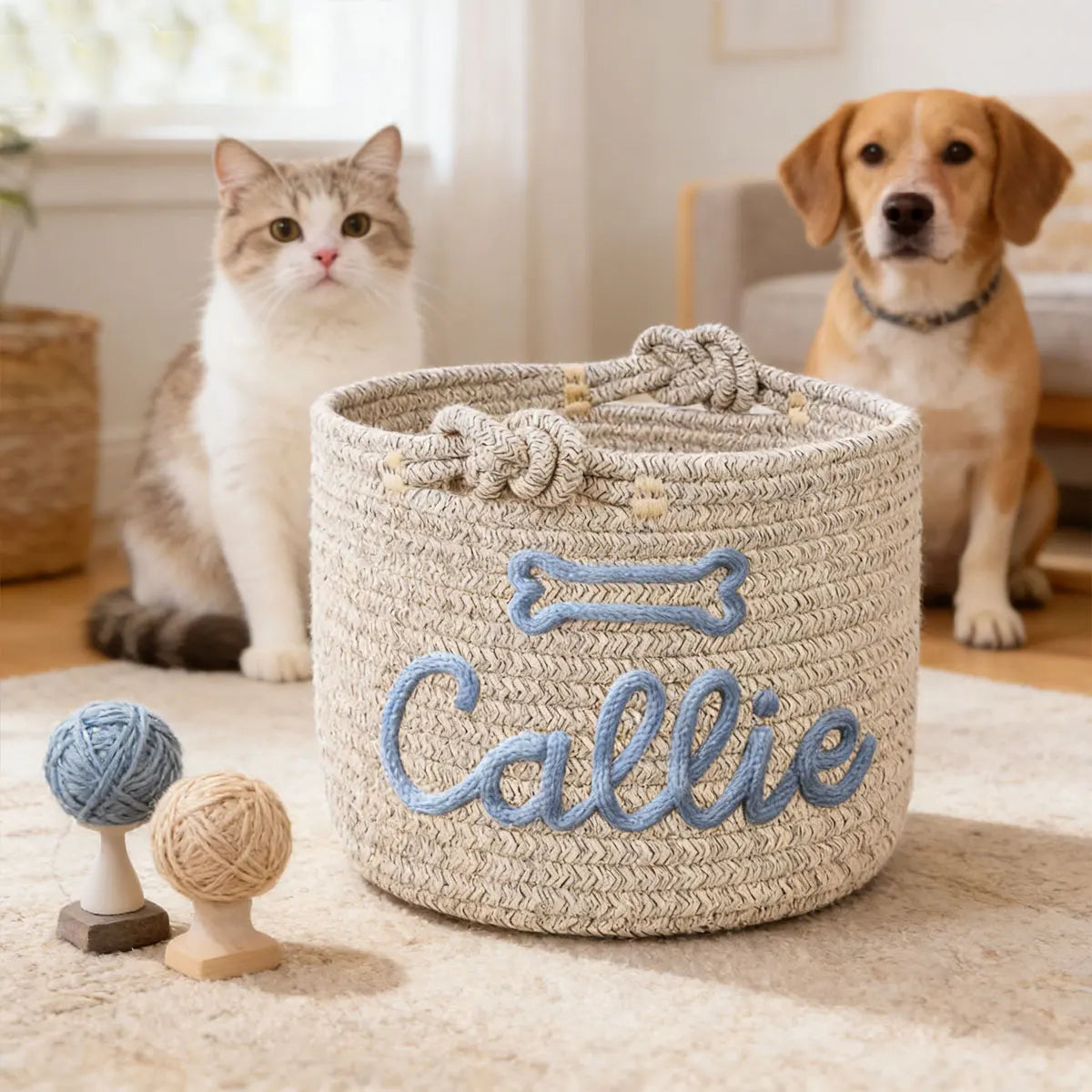 Personalized Cotton Rope Pet Toy Basket – Custom Storage Basket for Dogs & Cats