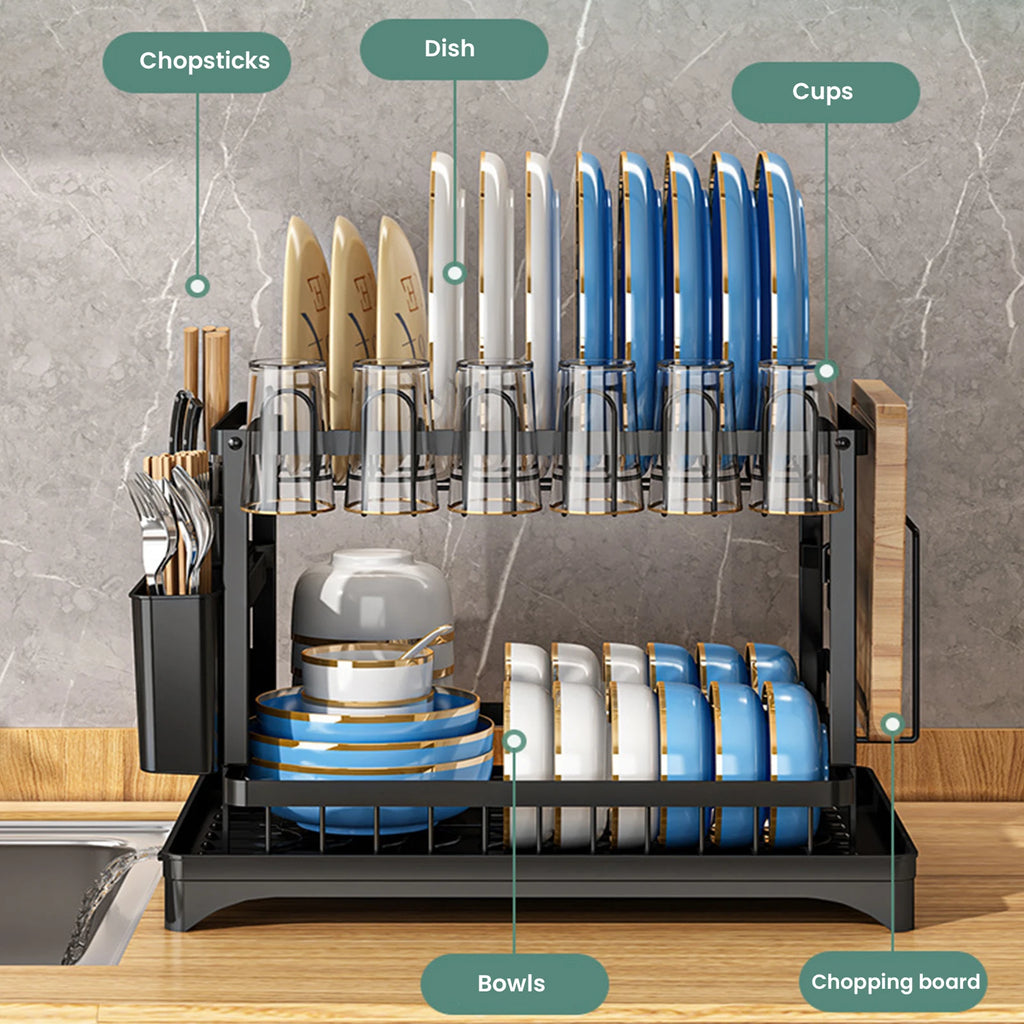 2-Tier Dish Drying Rack with Self-Draining System – Carbon Steel Kitchen Organizer