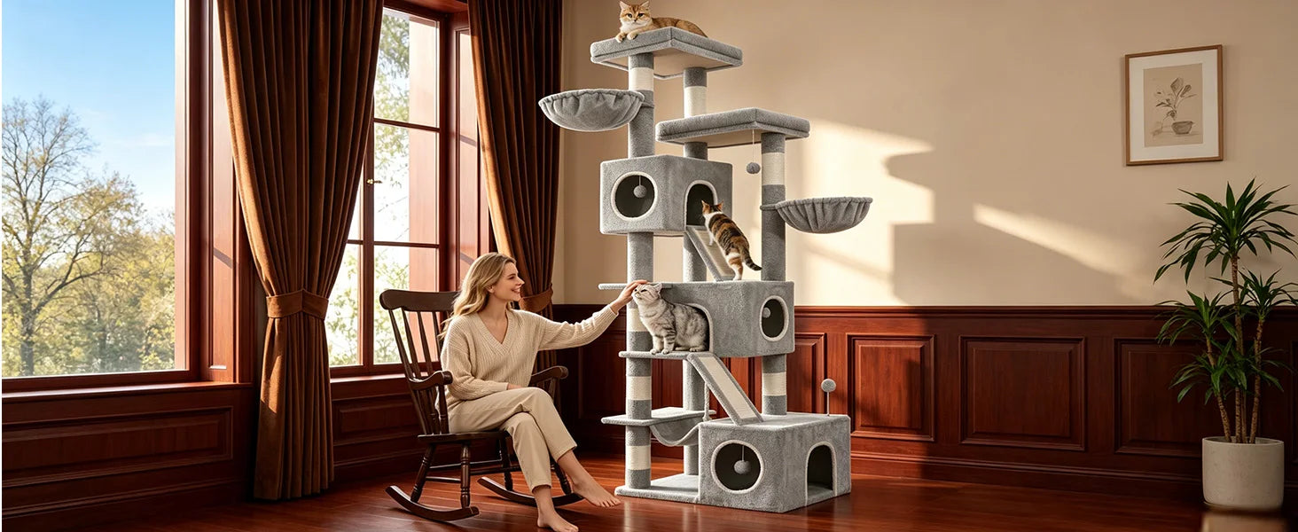 210 cm Multi-Level Cat Tree – Cat Tower with Condo, 8 Scratching Posts & Pom-Pom Toys