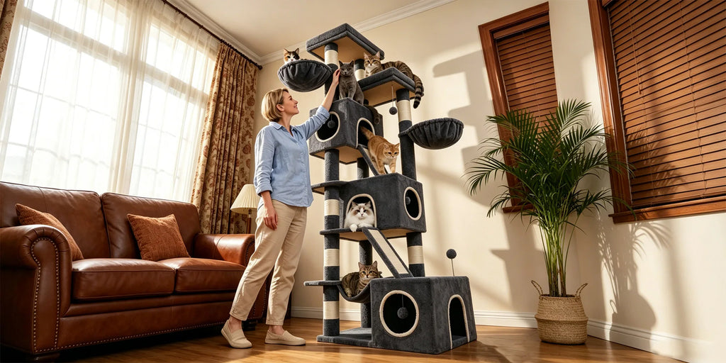 210 cm Multi-Level Cat Tree – Cat Tower with Condo, 8 Scratching Posts & Pom-Pom Toys