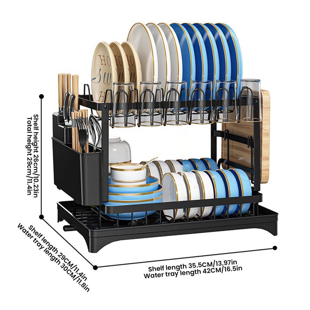 2-Tier Dish Drying Rack with Self-Draining System – Carbon Steel Kitchen Organizer