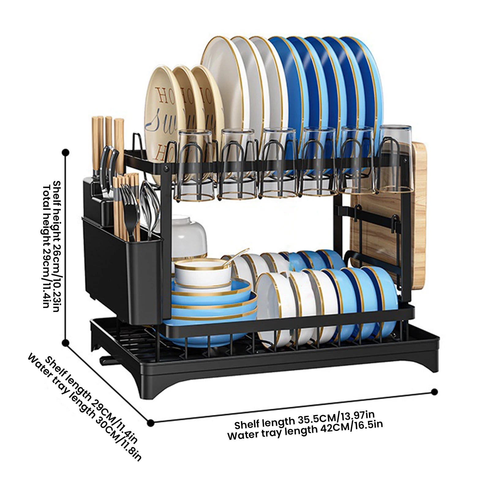 2-Tier Dish Drying Rack with Self-Draining System – Carbon Steel Kitchen Organizer
