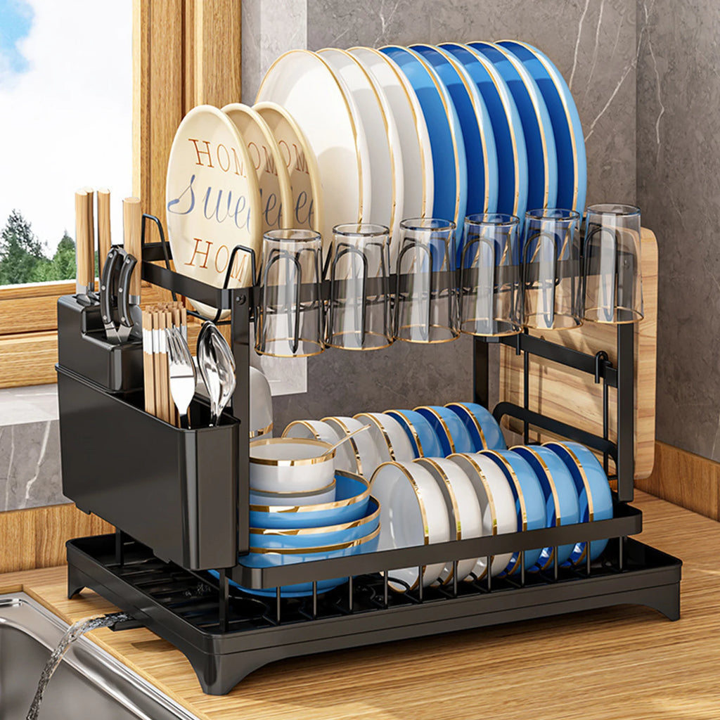 2-Tier Dish Drying Rack with Self-Draining System – Carbon Steel Kitchen Organizer