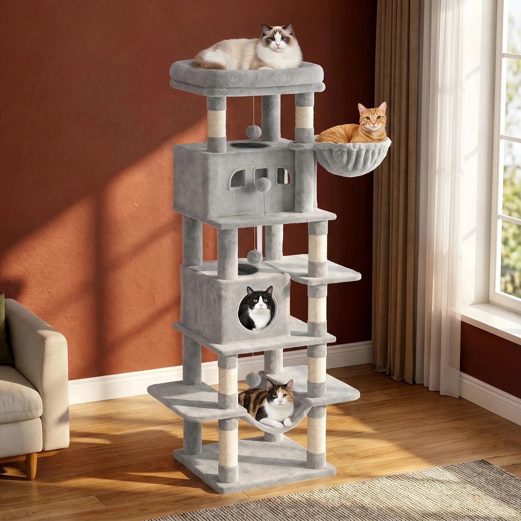 210 cm Multi-Level Cat Tree – Cat Tower with Condo, 8 Scratching Posts & Pom-Pom Toys