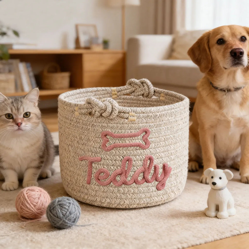 Personalized Cotton Rope Pet Toy Basket – Custom Storage Basket for Dogs & Cats