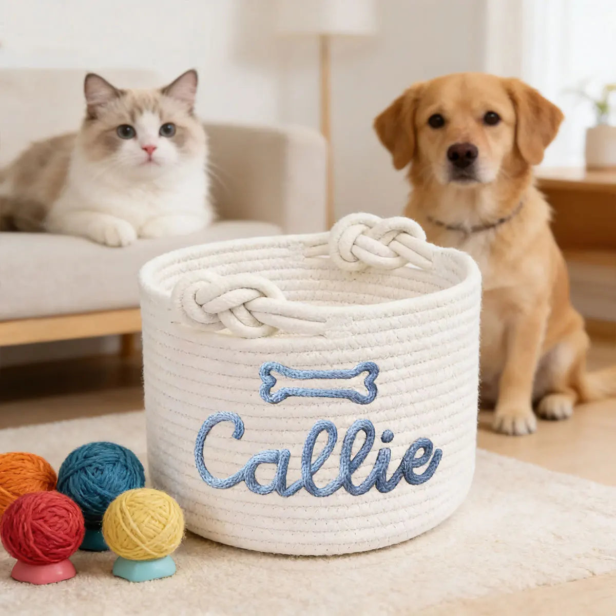 Personalized Cotton Rope Pet Toy Basket – Custom Storage Basket for Dogs & Cats