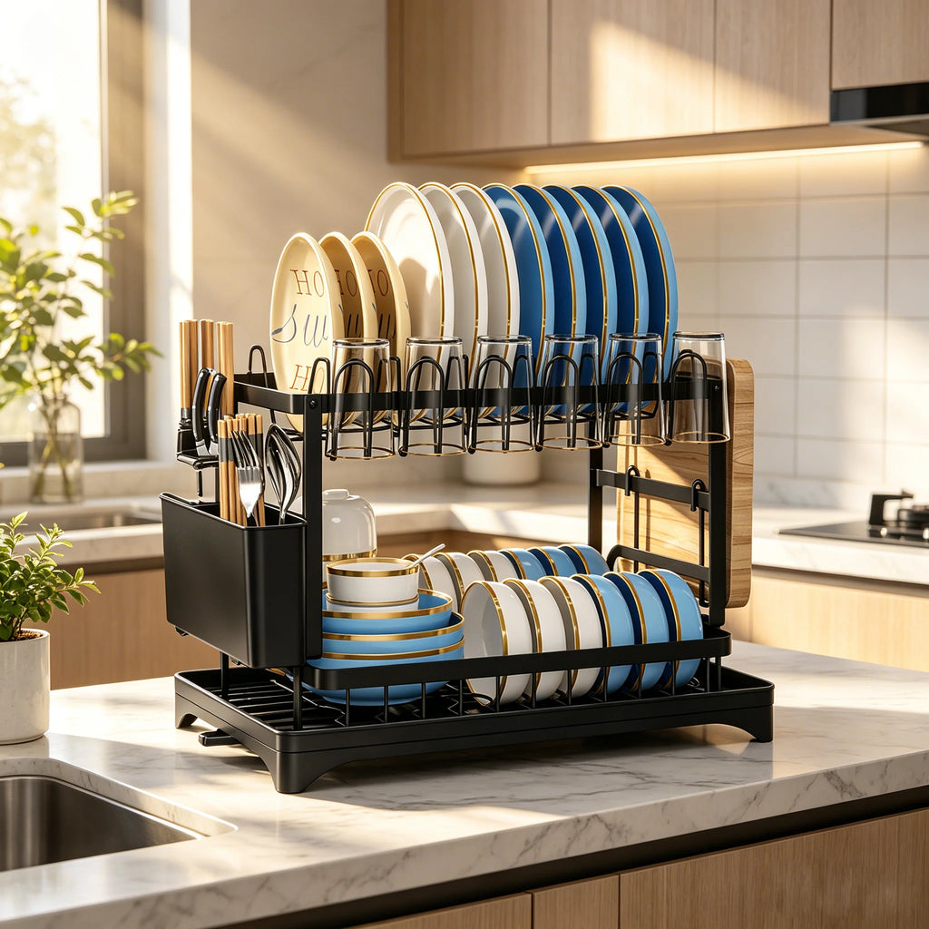 2-Tier Dish Drying Rack with Self-Draining System – Carbon Steel Kitchen Organizer