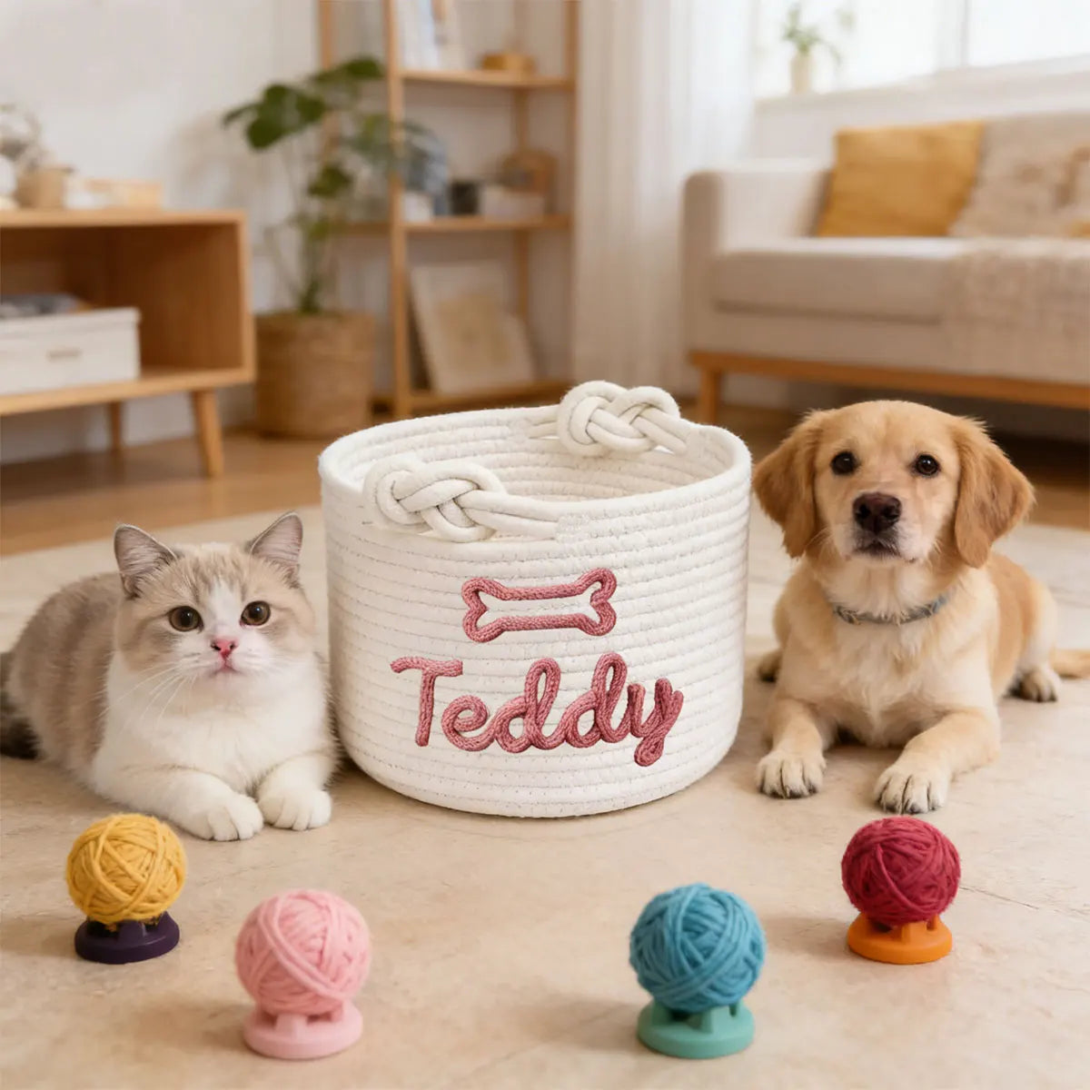 Personalized Cotton Rope Pet Toy Basket – Custom Storage Basket for Dogs & Cats
