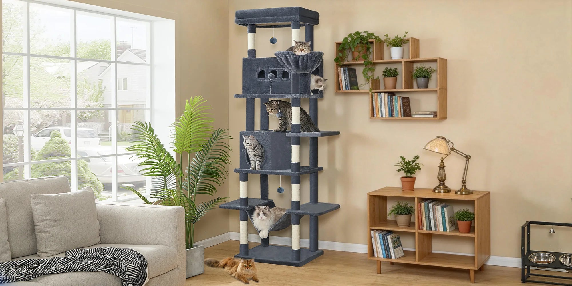 210 cm Multi-Level Cat Tree – Cat Tower with Condo, 8 Scratching Posts & Pom-Pom Toys