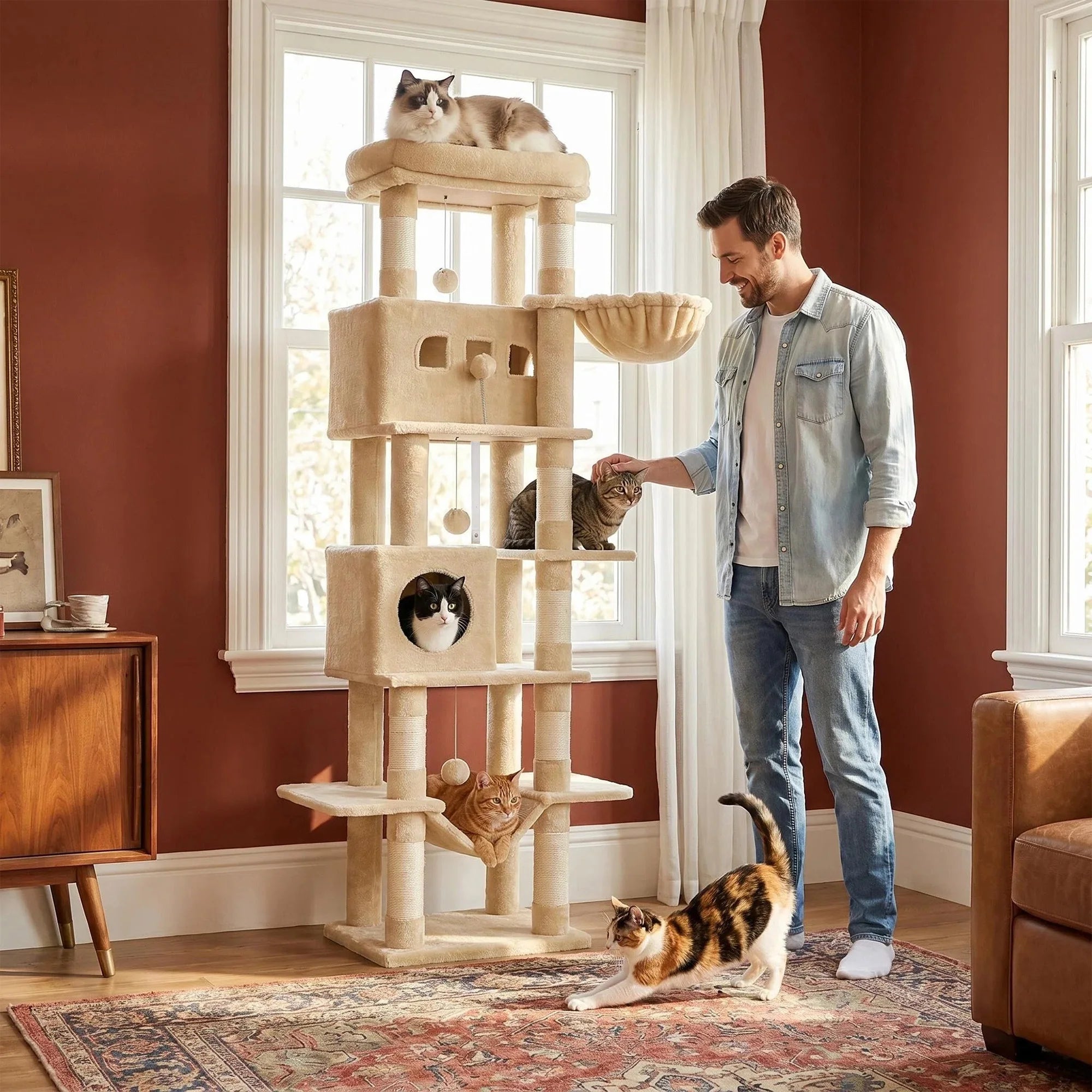 210 cm Multi-Level Cat Tree – Cat Tower with Condo, 8 Scratching Posts & Pom-Pom Toys