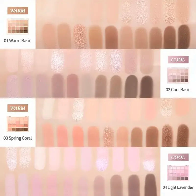 Palette fards à paupières 20 couleurs, tons chauds romantiques et smoky, mats et pailletés, haute pigmentation, anti-bavures, maquillage beauté