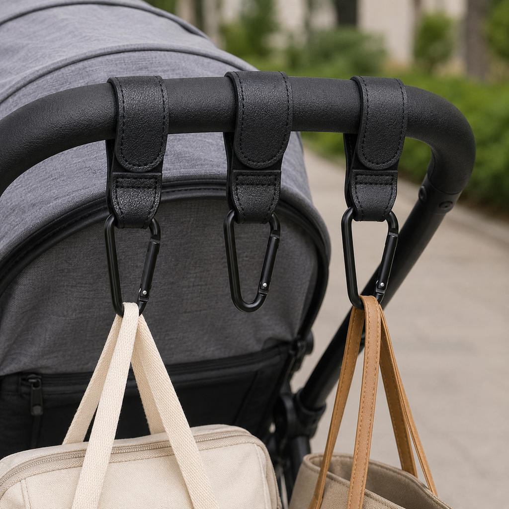 Premium 3-Pack Vegan Leather Stroller Hooks – Heavy-Duty Aluminum Hooks for Diaper Bags, Shopping Bags & Baby Essentials