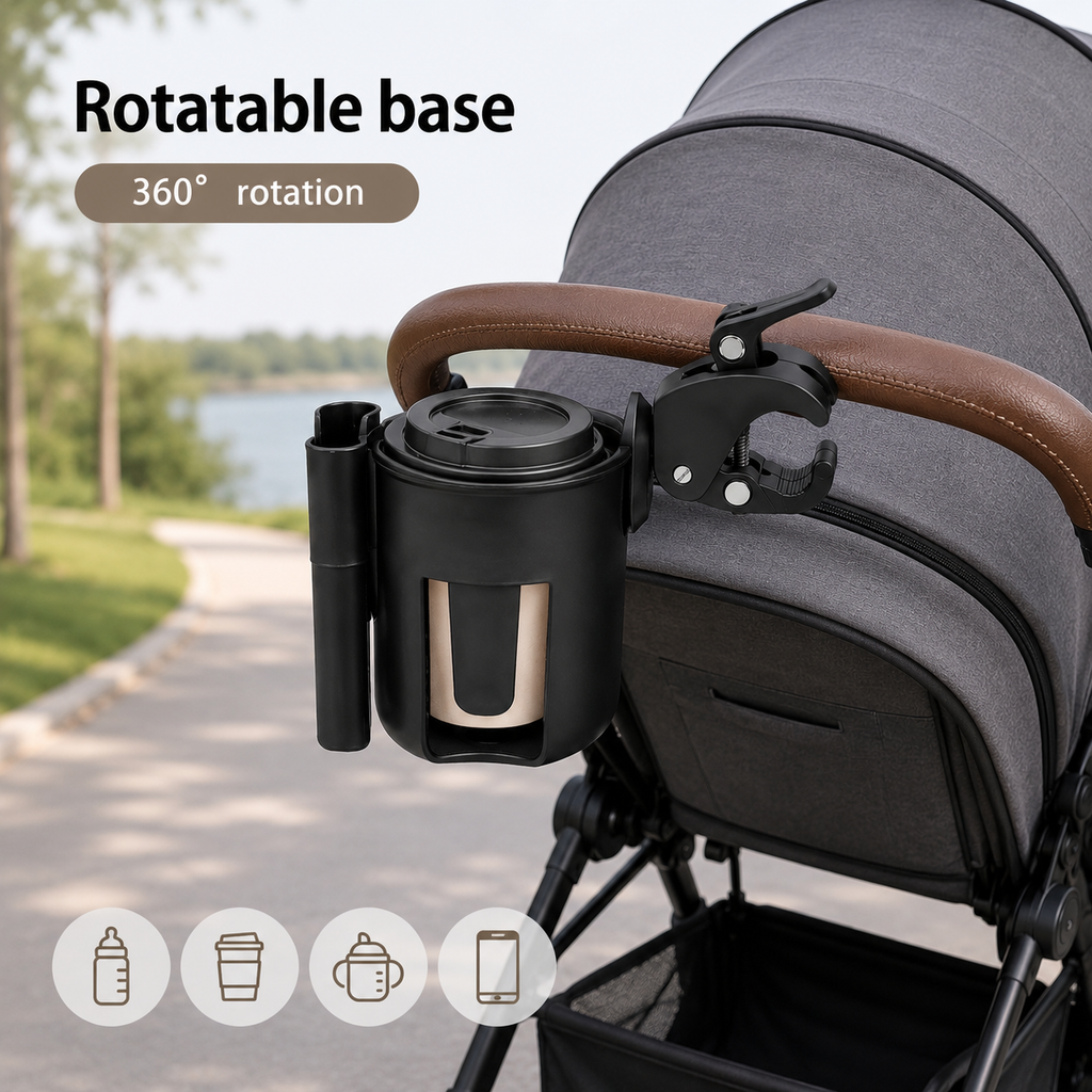 2-in-1 Universal Stroller Cup Holder with Phone Holder – Adjustable Bottle & Drink Holder for Strollers, Bikes & Wheelchairs