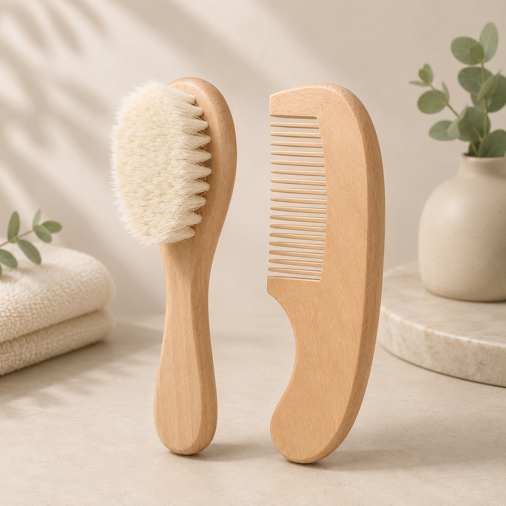 2-Piece Baby Hair Brush & Comb Set – Soft Natural Bristles with Wooden Handle for Newborns
