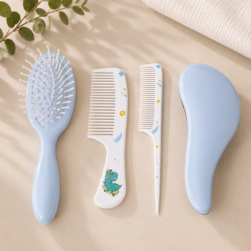 4-Piece Baby Hair Care Set – Cute Cartoon Hair Brush & Comb Kit with Air Cushion Brush
