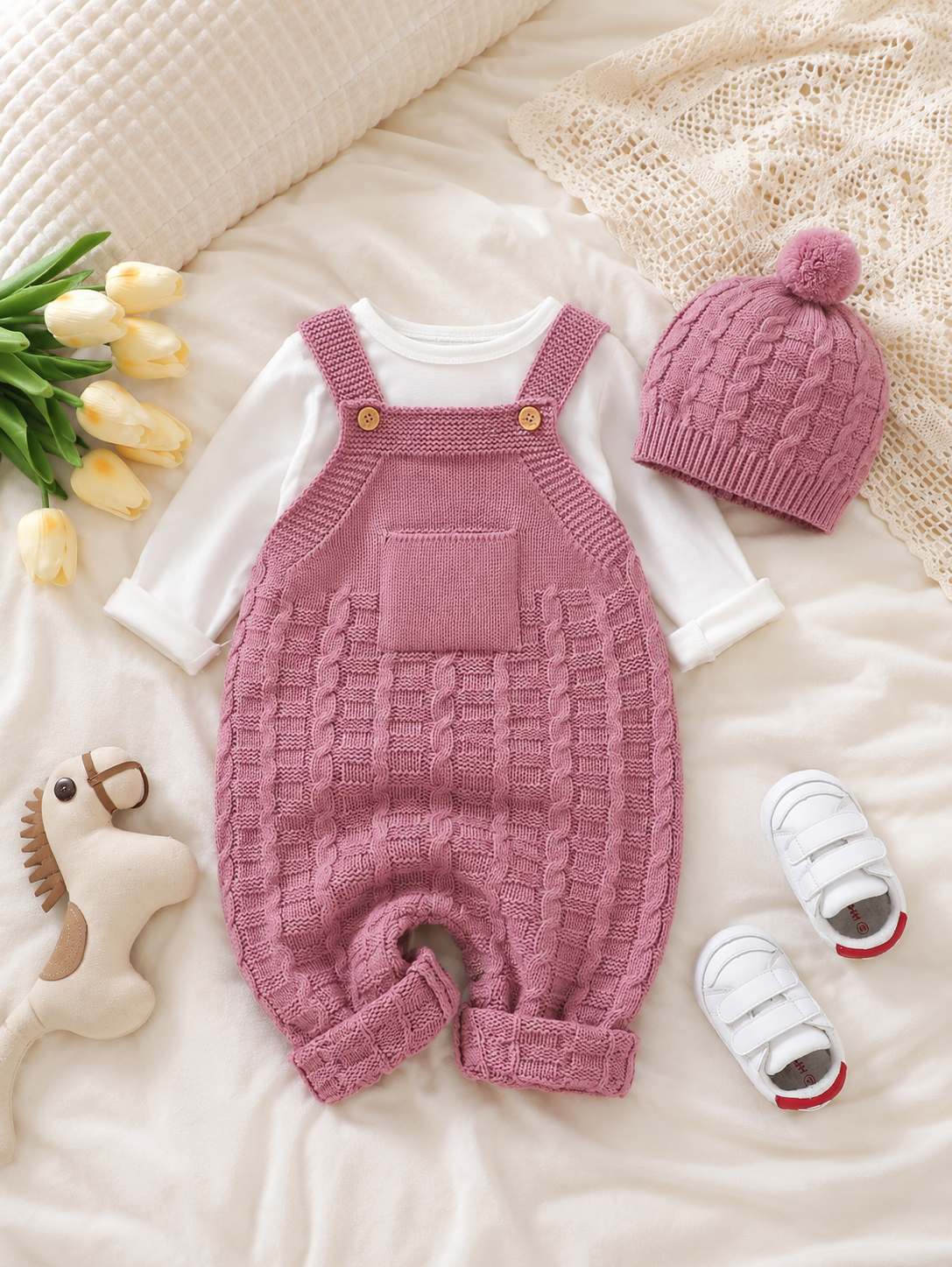 2-Piece Knitted Baby Overall Set – Sleeveless Romper with Matching Hat