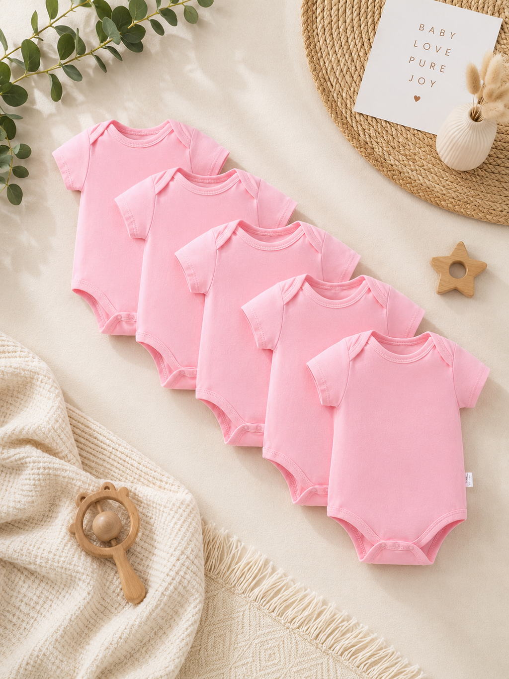 5-Pack Baby Short Sleeve Bodysuits – Solid Color Cotton Onesies for Newborns