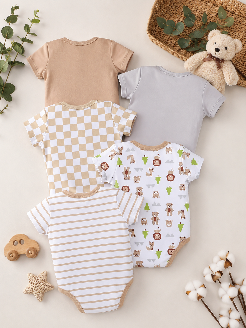 5-Pack Unisex Baby Bodysuits – Short Sleeve Cotton Onesies for Newborns