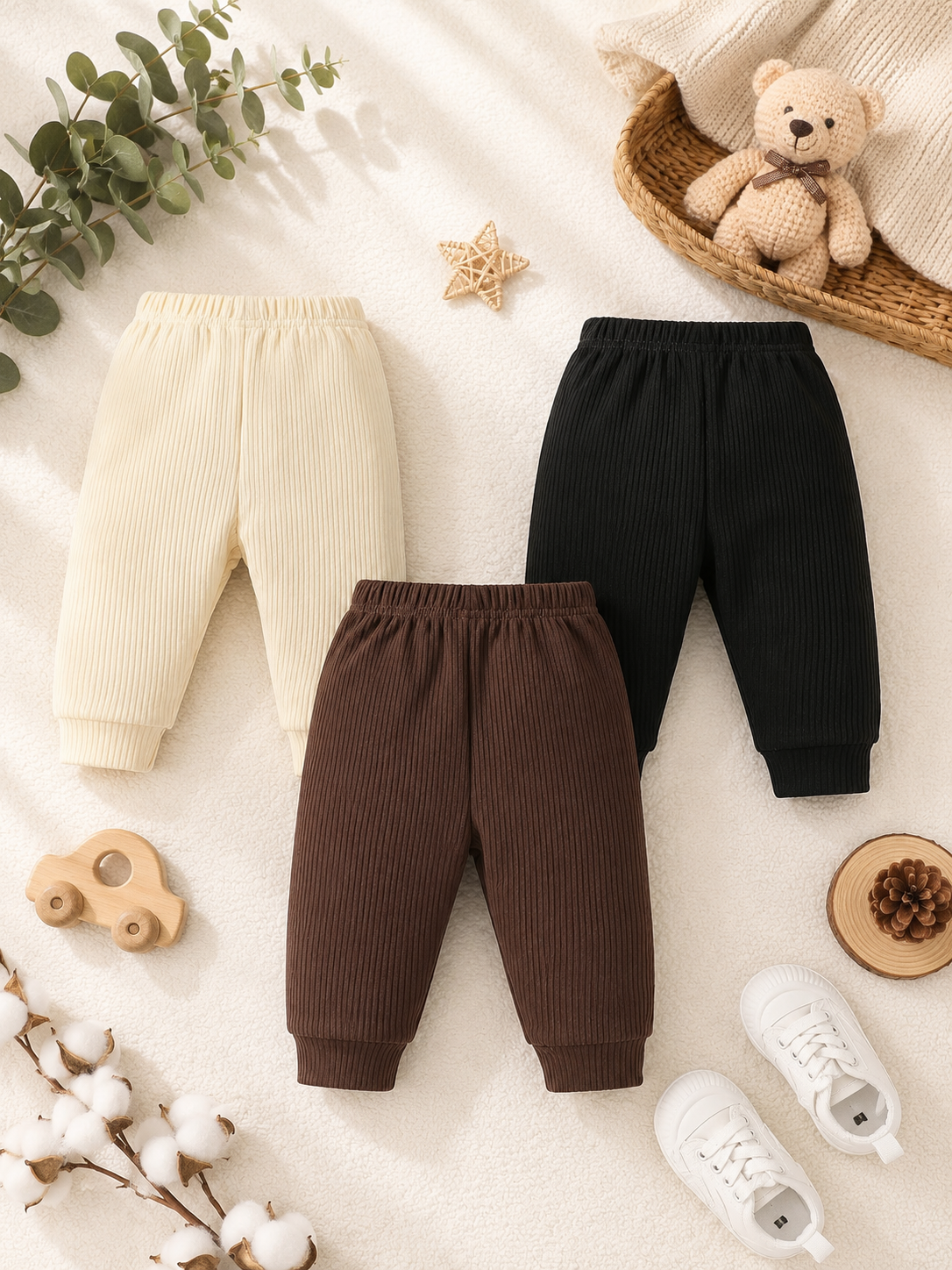 3-Pack Ribbed Baby Pants – Soft Casual Trousers in Black, Beige & Brown