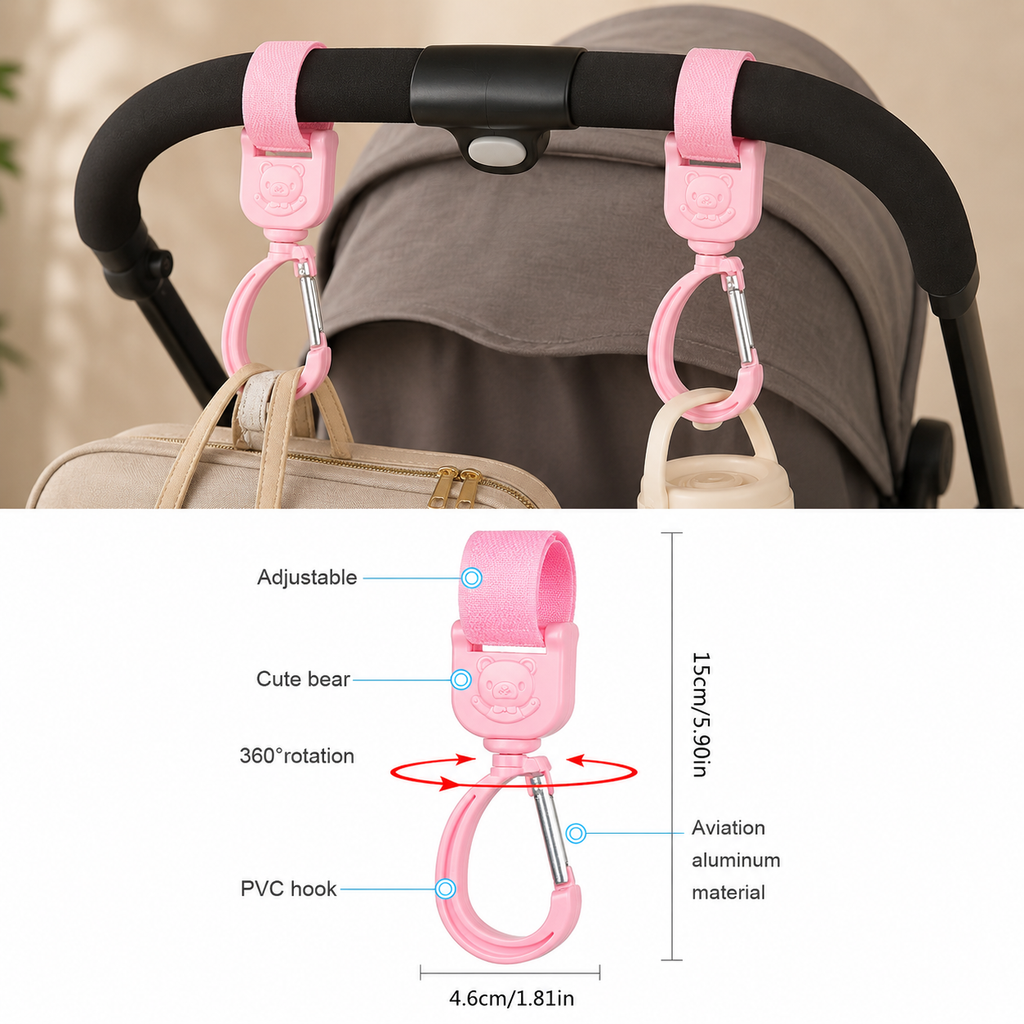 2-Pack 360° Rotating Stroller Hooks – Universal Multi-Purpose Hooks for Diaper Bags, Handbags & Baby Essentials
