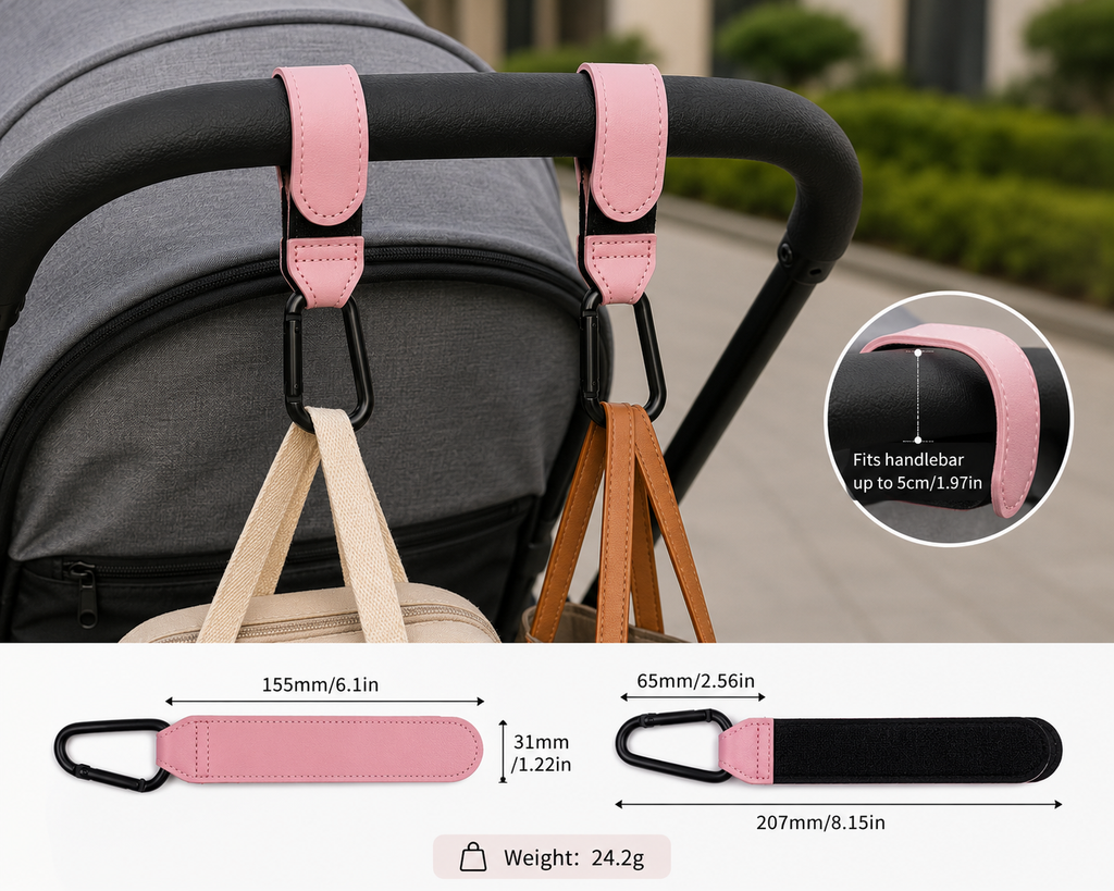 Premium 3-Pack Vegan Leather Stroller Hooks – Heavy-Duty Aluminum Hooks for Diaper Bags, Shopping Bags & Baby Essentials