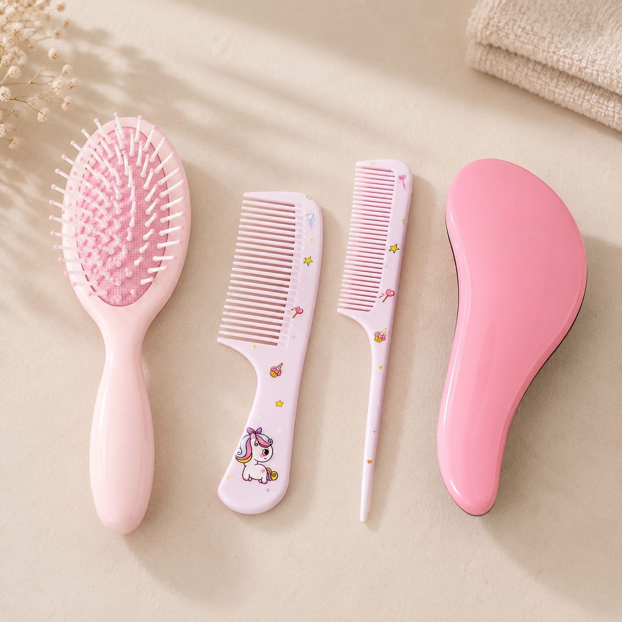 4-Piece Baby Hair Care Set – Cute Cartoon Hair Brush & Comb Kit with Air Cushion Brush