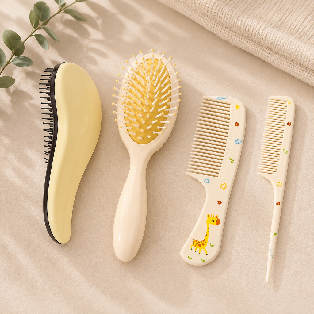4-Piece Baby Hair Care Set – Cute Cartoon Hair Brush & Comb Kit with Air Cushion Brush