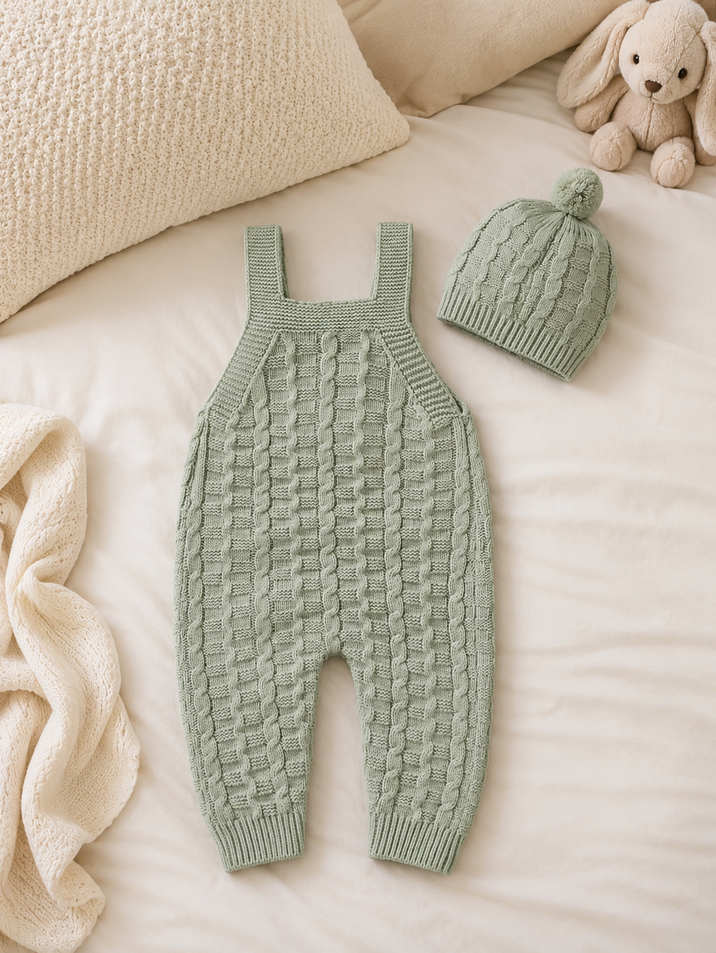 2-Piece Knitted Baby Overall Set – Sleeveless Romper with Matching Hat
