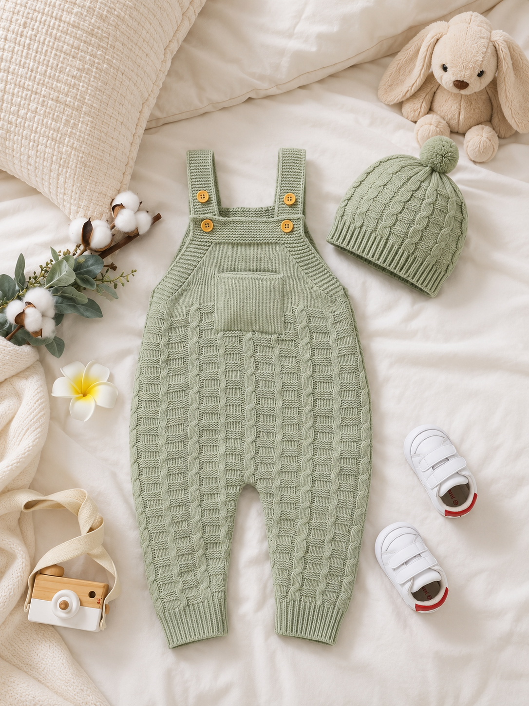 2-Piece Knitted Baby Overall Set – Sleeveless Romper with Matching Hat
