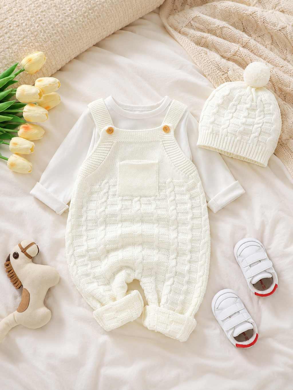 2-Piece Knitted Baby Overall Set – Sleeveless Romper with Matching Hat