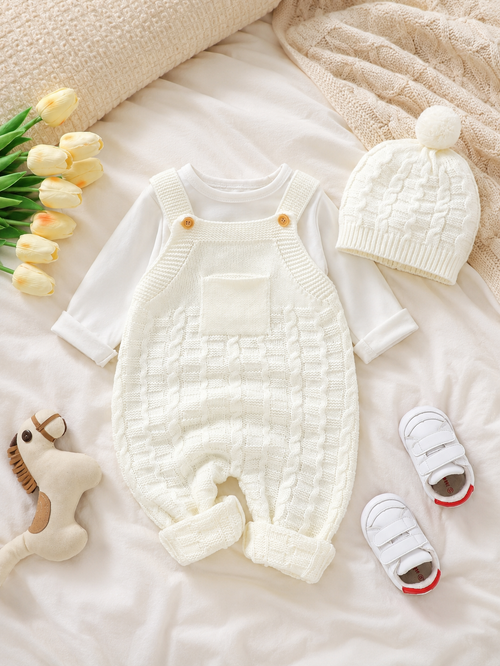 2-Piece Knitted Baby Overall Set – Sleeveless Romper with Matching Hat