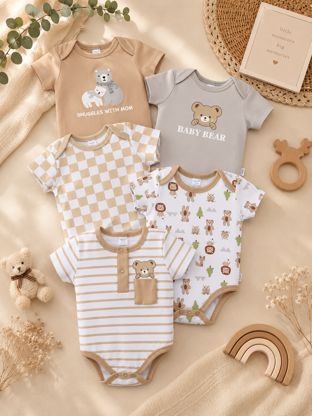 5-Pack Unisex Baby Bodysuits – Short Sleeve Cotton Onesies for Newborns