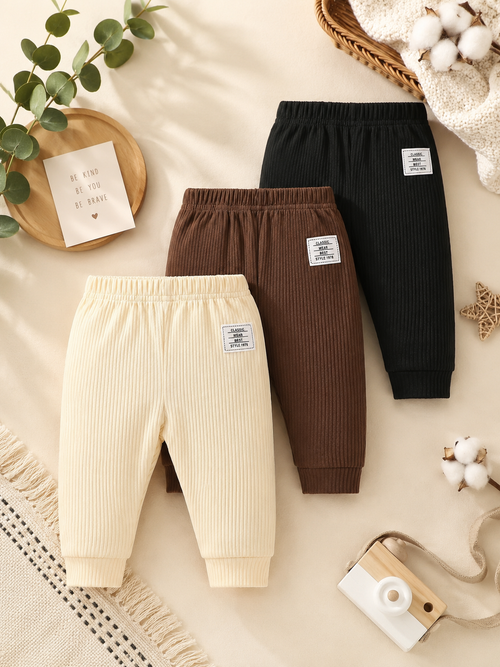 3-Pack Ribbed Baby Pants – Soft Casual Trousers in Black, Beige & Brown
