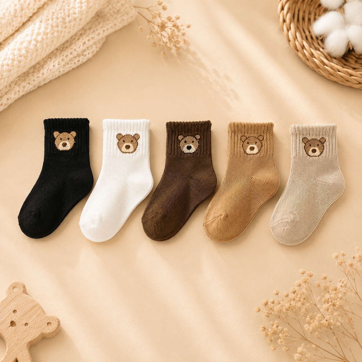 3-Pack Baby Bear Socks – Soft & Breathable Embroidered Socks for Newborns & Toddlers