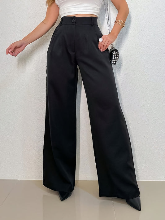 Pantalon Femme Taille Haute – Jambe Large, Bureau et Décontracté, Tissu Non Extensible, Fermeture Zippée, Noir, Tous Saisons
