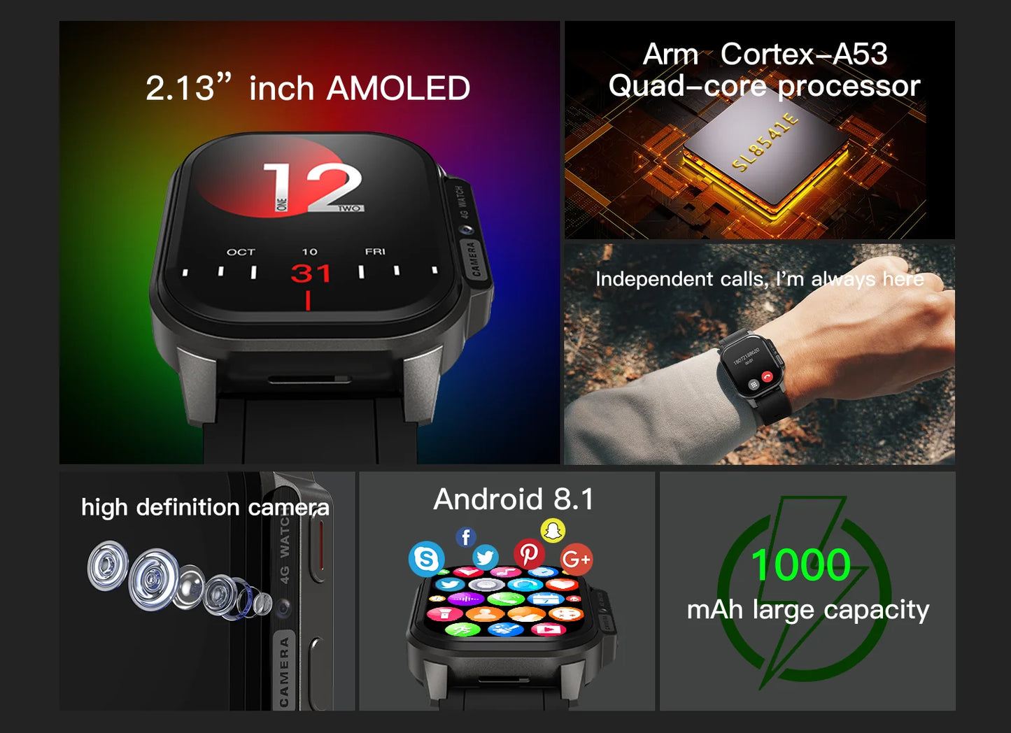 Wholesale HD 2.13 Inch Touch Amoled Screen Android 8.1 4G LTE Smart Watch Video Call Sim Card WiFi Gps Location DM62 Smartwatch