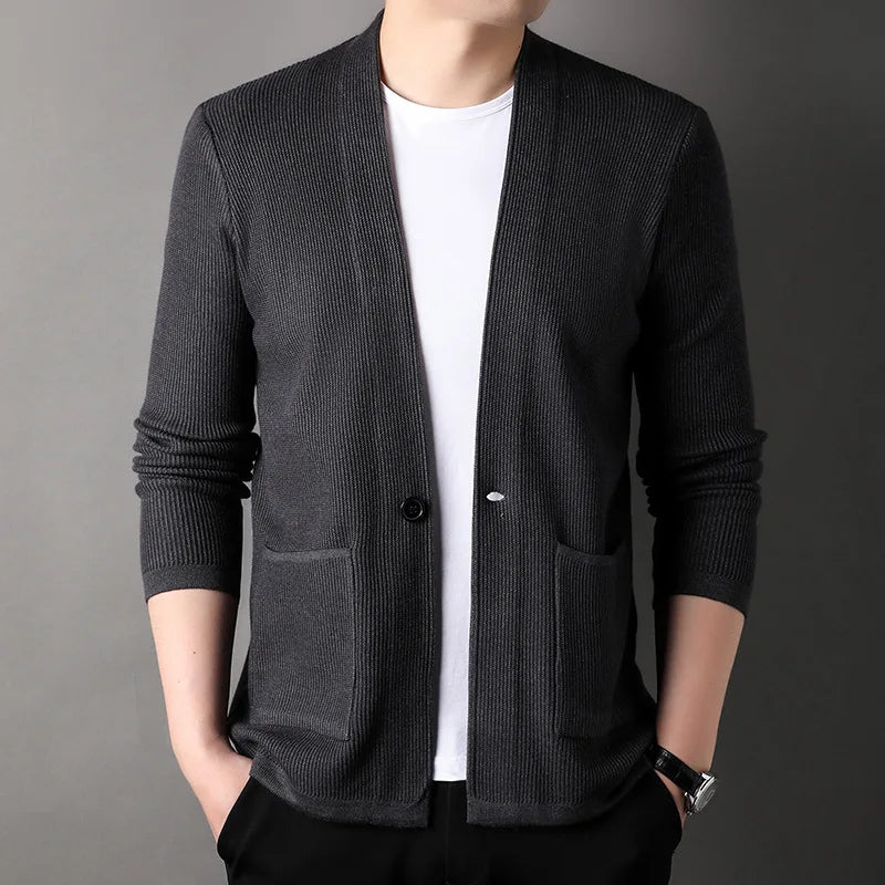 Spring Casual Style Long Sleeve Deep v Neck Single Button Loose Man Sweater Coat