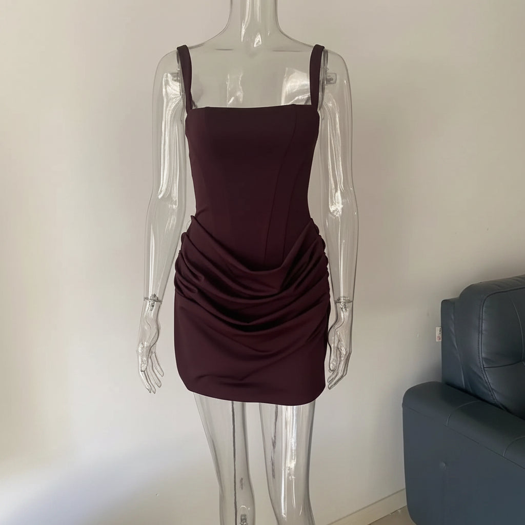 Robe courte de soirée élégante et sans manches à empiècements, couleur unie, de haute qualité et en gros