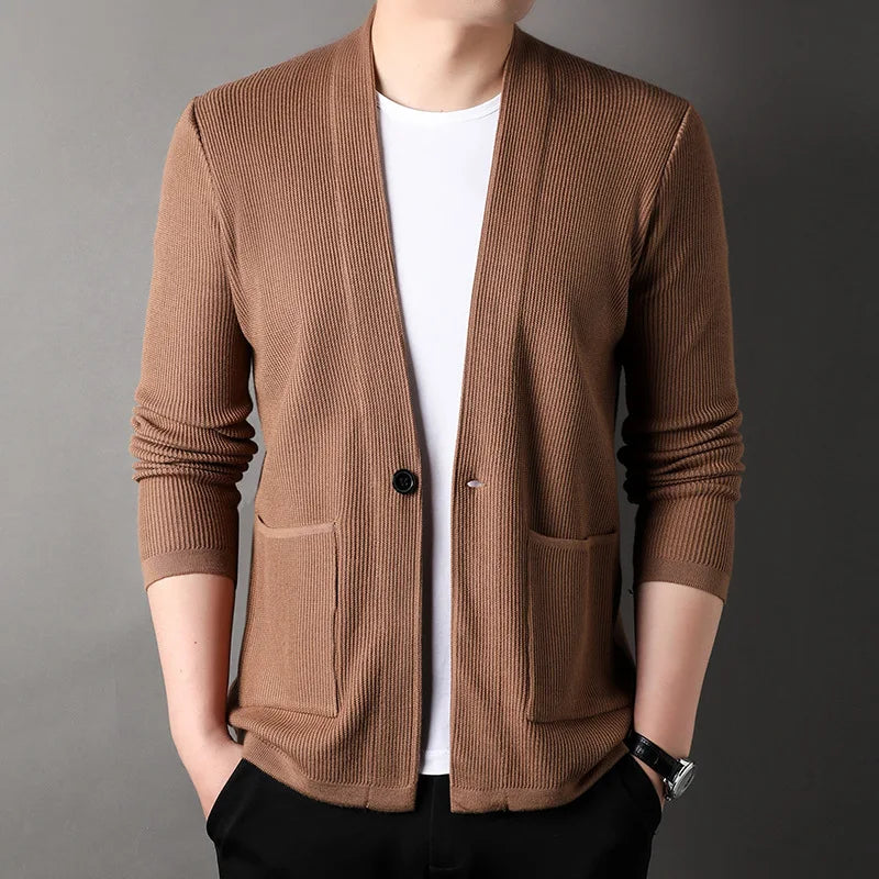 Spring Casual Style Long Sleeve Deep v Neck Single Button Loose Man Sweater Coat