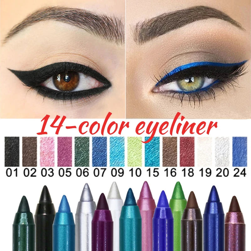 Crayon Eyeliner 14 Couleurs — Longue Tenue, Waterproof, Pigmentation Intense, Teintes Vert et Marron, Maquillage Mode pour Femmes
