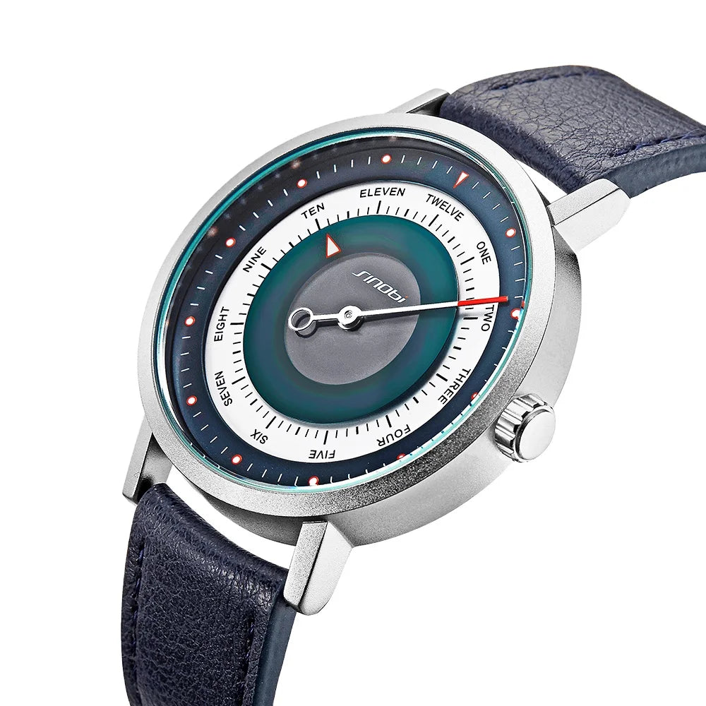 Montre Sportive Homme SINOBI 9809 – Design Rotatif et Créatif, Quartz, Bracelet Acier et Cuir, Étanche, Montre de Poignet Élégante et Durable