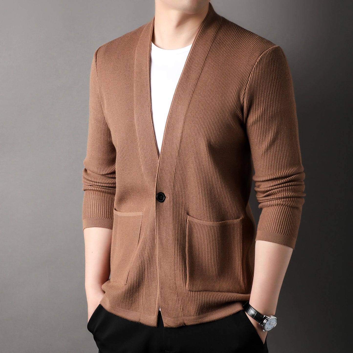 Spring Casual Style Long Sleeve Deep v Neck Single Button Loose Man Sweater Coat