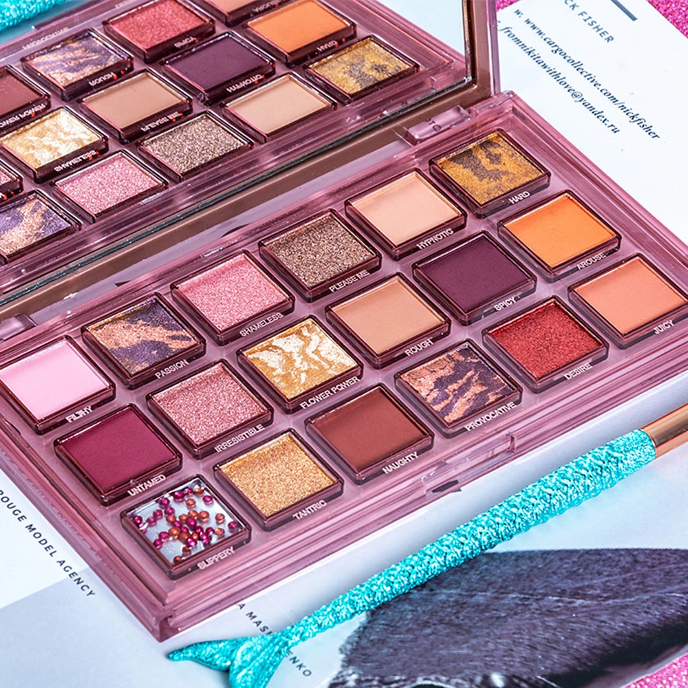 **« Palette fards à paupières 18 couleurs – Graines de grenade, mat et pailleté, waterproof »**