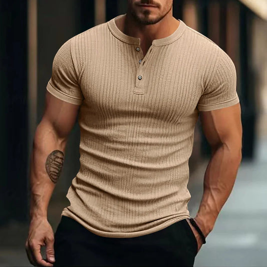 Vintage Button-up Henley Collar T-shirts for Mens 2025 Spring Summer Casual Solid Color Ribbed T Shirt Knitted Short Sleeve Tees