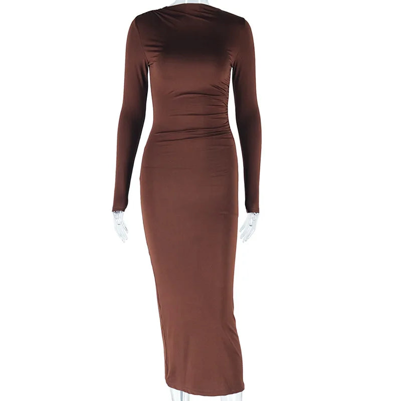 Robe Femme Style Européen & Américain – Manches Longues, Couleur Unie, O-Neck, Taille Mi-haute