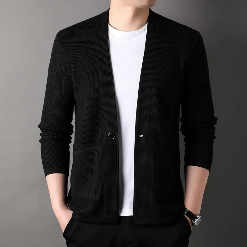 Spring Casual Style Long Sleeve Deep v Neck Single Button Loose Man Sweater Coat