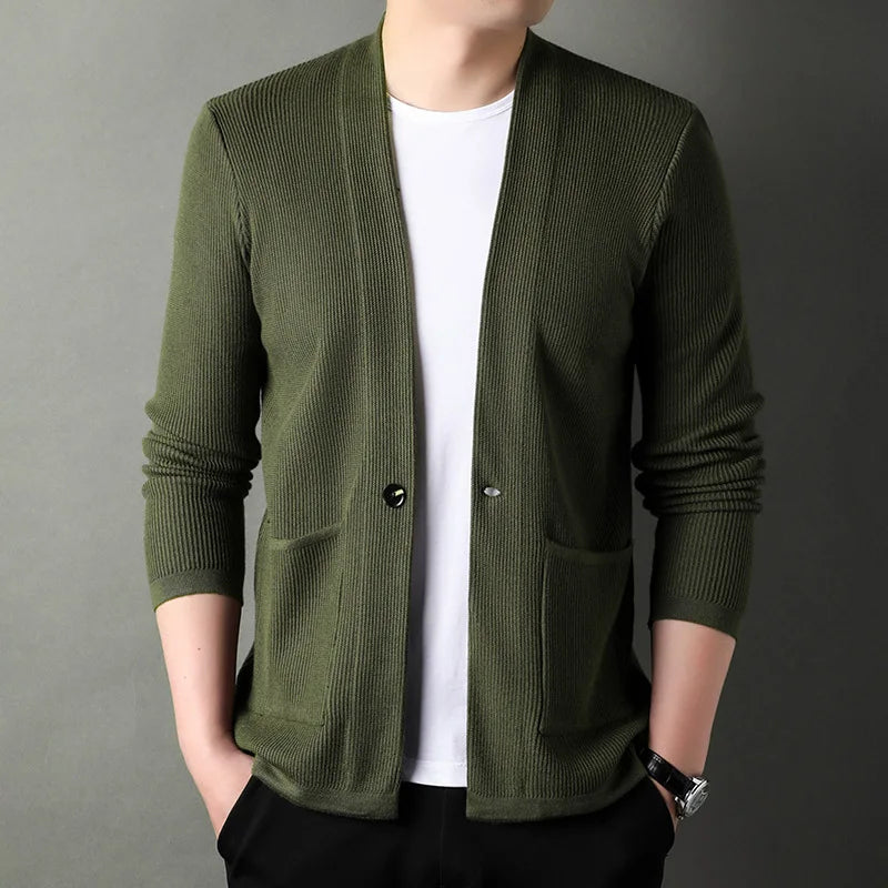 Spring Casual Style Long Sleeve Deep v Neck Single Button Loose Man Sweater Coat