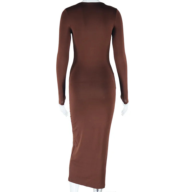 Robe Femme Style Européen & Américain – Manches Longues, Couleur Unie, O-Neck, Taille Mi-haute