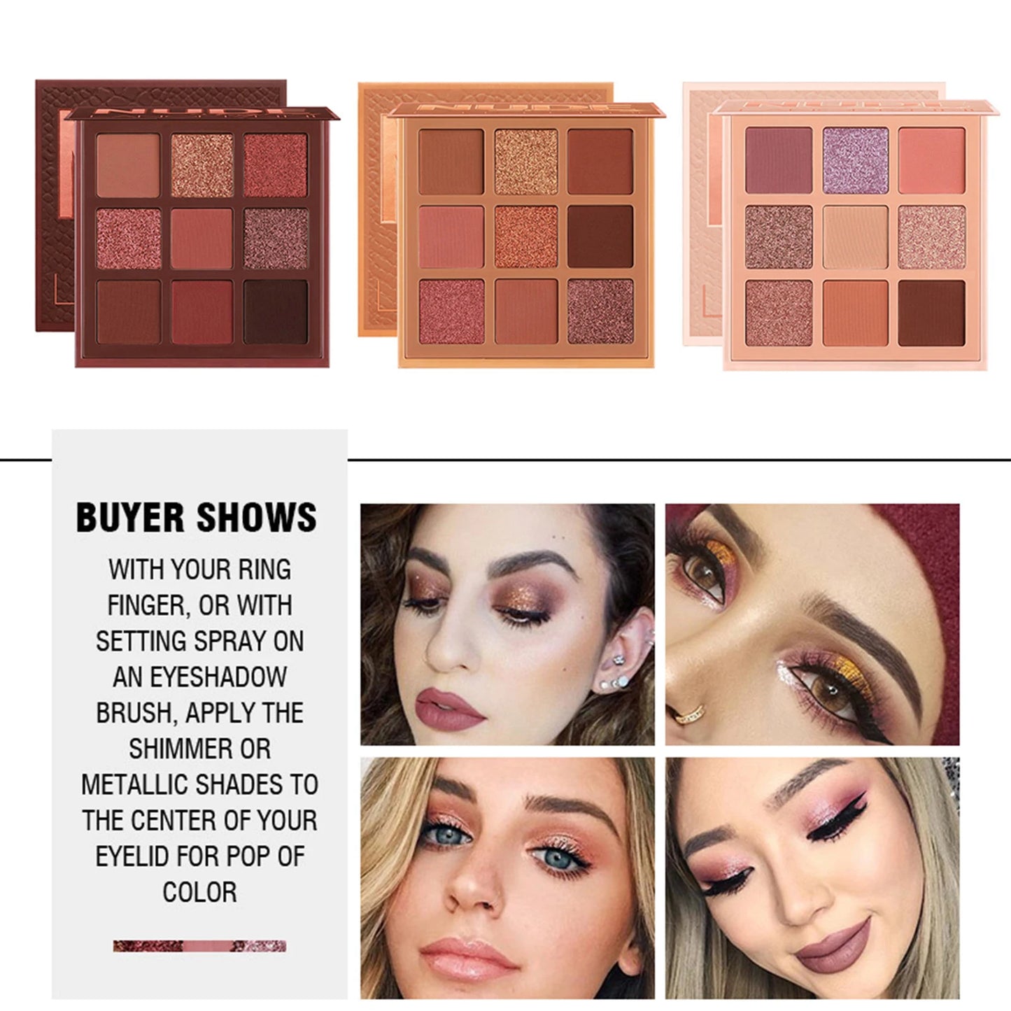 Palette fards à paupières 9 couleurs, mats et pailletés, tons nude, maquillage yeux, set cosmétique